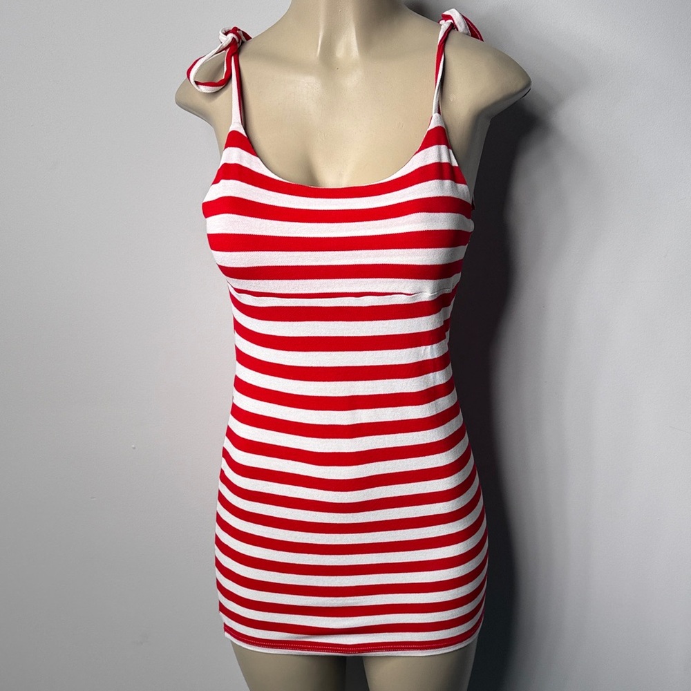 En Creme Red and White Striped Tie-Shoulder Mini Dress